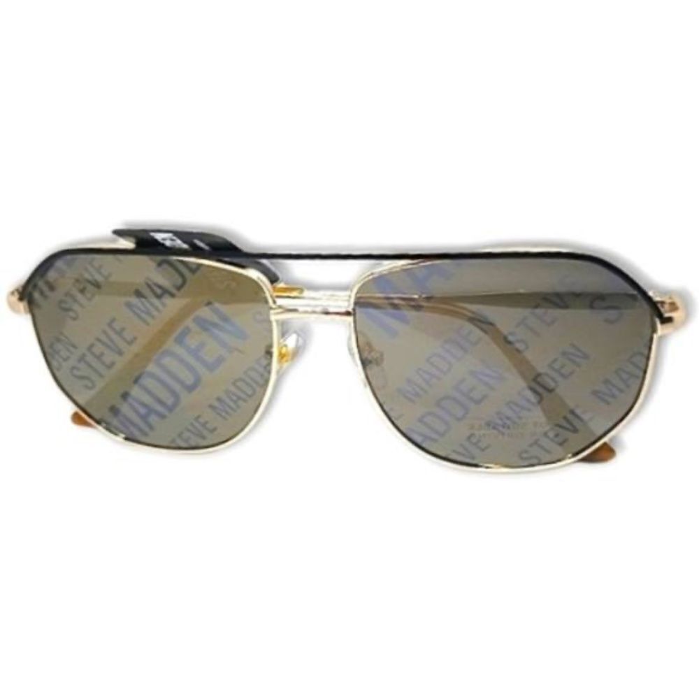New Steve Madden Sunglasses Logo Printed Mirrored Aviators Black Gold NWT - Picture 3 of 16